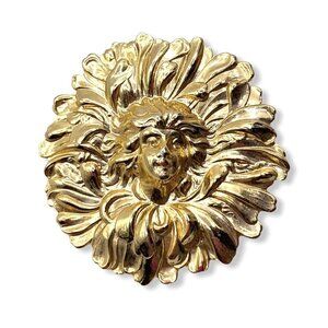 Vintage Chrysanthemum Lady Art Nouveau Gold Tone Face Circle Flower Pin Brooch